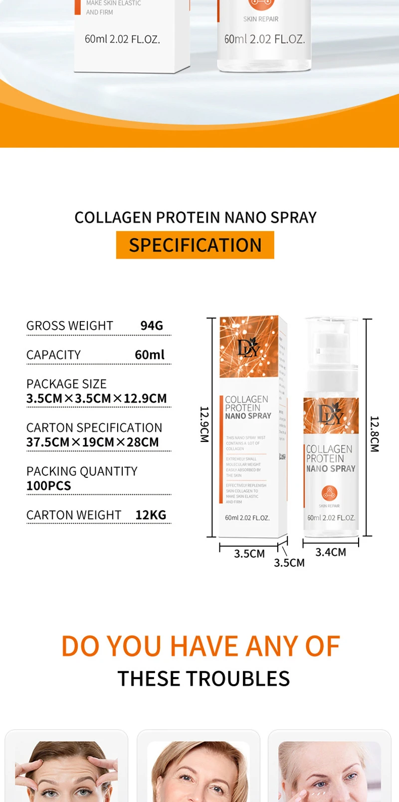 Nano Hydrolyzed Collagen Protein Film Mask Face Serum Spray Set Wrinkle Repair Soluble Face Filler Brightening Skin Care Set