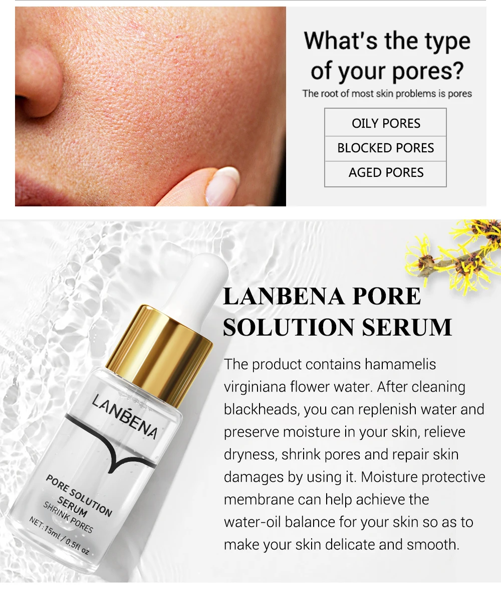 LANBENA Pore Solution Serum Shrink Pores Acne Treatment Remover Nose Blackhead Skin Firming Moisturizing Face Serum Skin Care