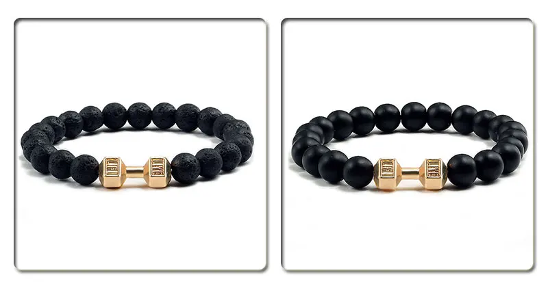 Natural Volcanic Stone Bracelet Men Matte Black Lave White Beads Charm Dumbbell Strand Bracelets Women Barbell Fitness Jewelry