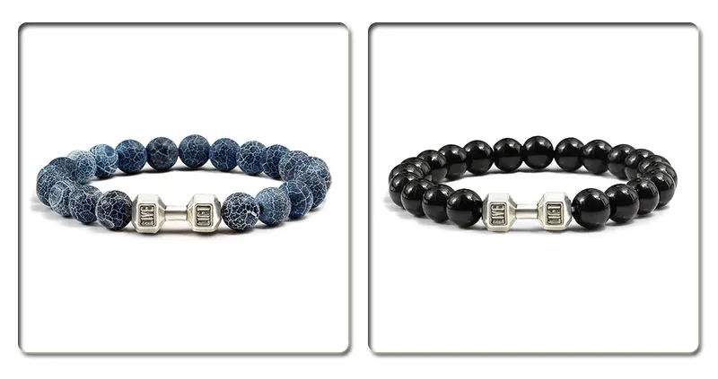 Natural Volcanic Stone Bracelet Men Matte Black Lave White Beads Charm Dumbbell Strand Bracelets Women Barbell Fitness Jewelry