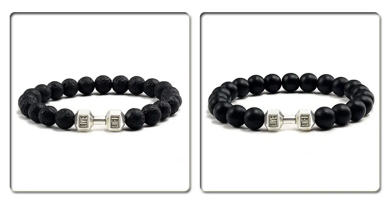 Natural Volcanic Stone Bracelet Men Matte Black Lave White Beads Charm Dumbbell Strand Bracelets Women Barbell Fitness Jewelry