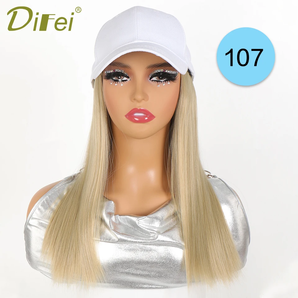 DIFEI Long Straight Synthetic Wig Baseball Cap with Hair extensions One-piece Hat Wigs Cap Connect Wig Adjustable Black Brown