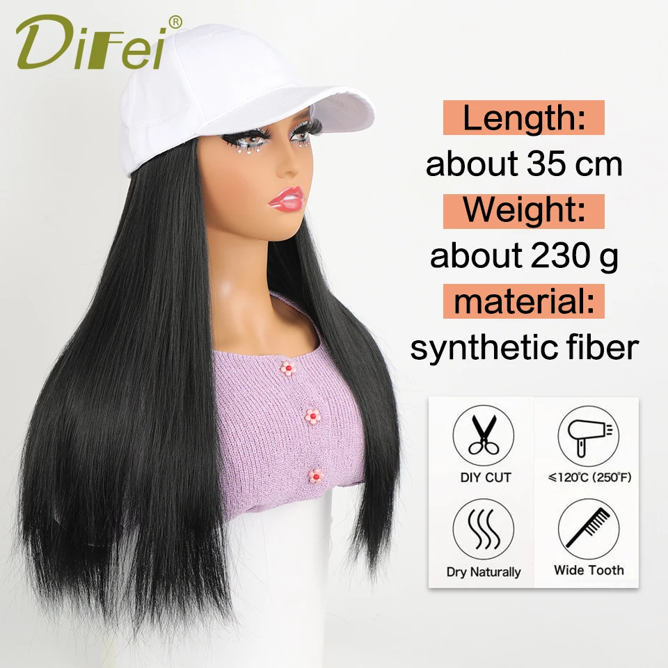 DIFEI Long Straight Synthetic Wig Baseball Cap with Hair extensions One-piece Hat Wigs Cap Connect Wig Adjustable Black Brown