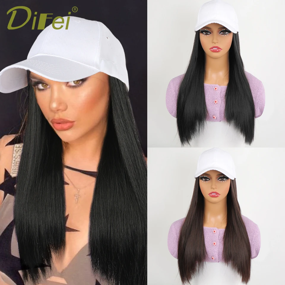 DIFEI Long Straight Synthetic Wig Baseball Cap with Hair extensions One-piece Hat Wigs Cap Connect Wig Adjustable Black Brown