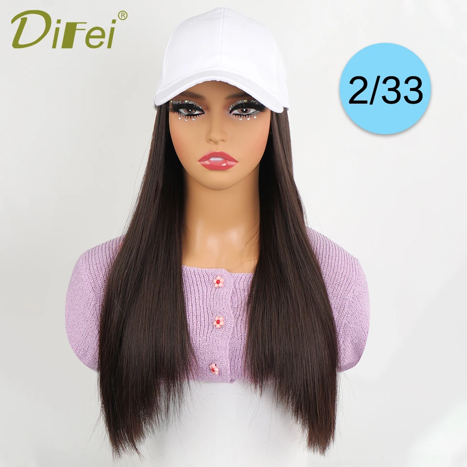 DIFEI Long Straight Synthetic Wig Baseball Cap with Hair extensions One-piece Hat Wigs Cap Connect Wig Adjustable Black Brown