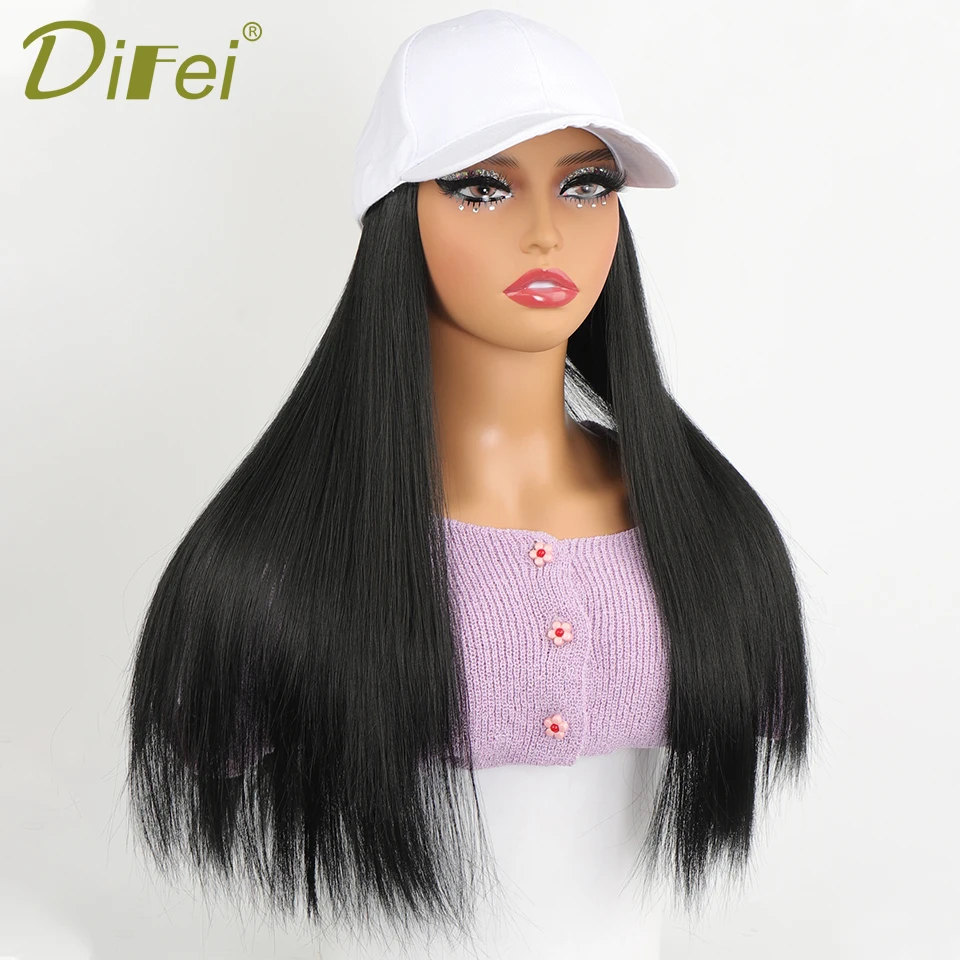 DIFEI Long Straight Synthetic Wig Baseball Cap with Hair extensions One-piece Hat Wigs Cap Connect Wig Adjustable Black Brown