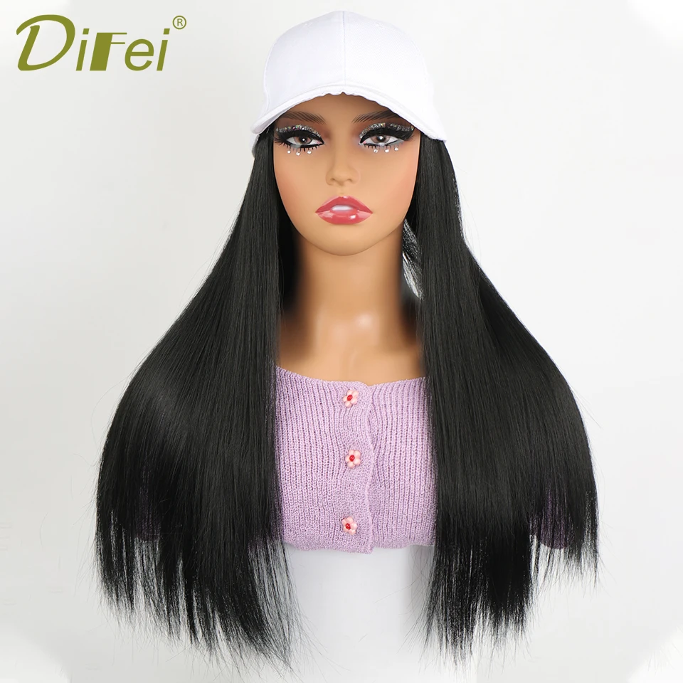 DIFEI Long Straight Synthetic Wig Baseball Cap with Hair extensions One-piece Hat Wigs Cap Connect Wig Adjustable Black Brown