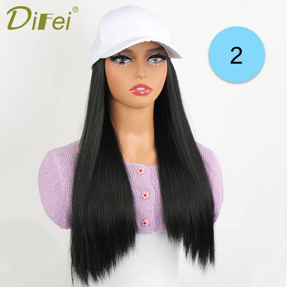 DIFEI Long Straight Synthetic Wig Baseball Cap with Hair extensions One-piece Hat Wigs Cap Connect Wig Adjustable Black Brown