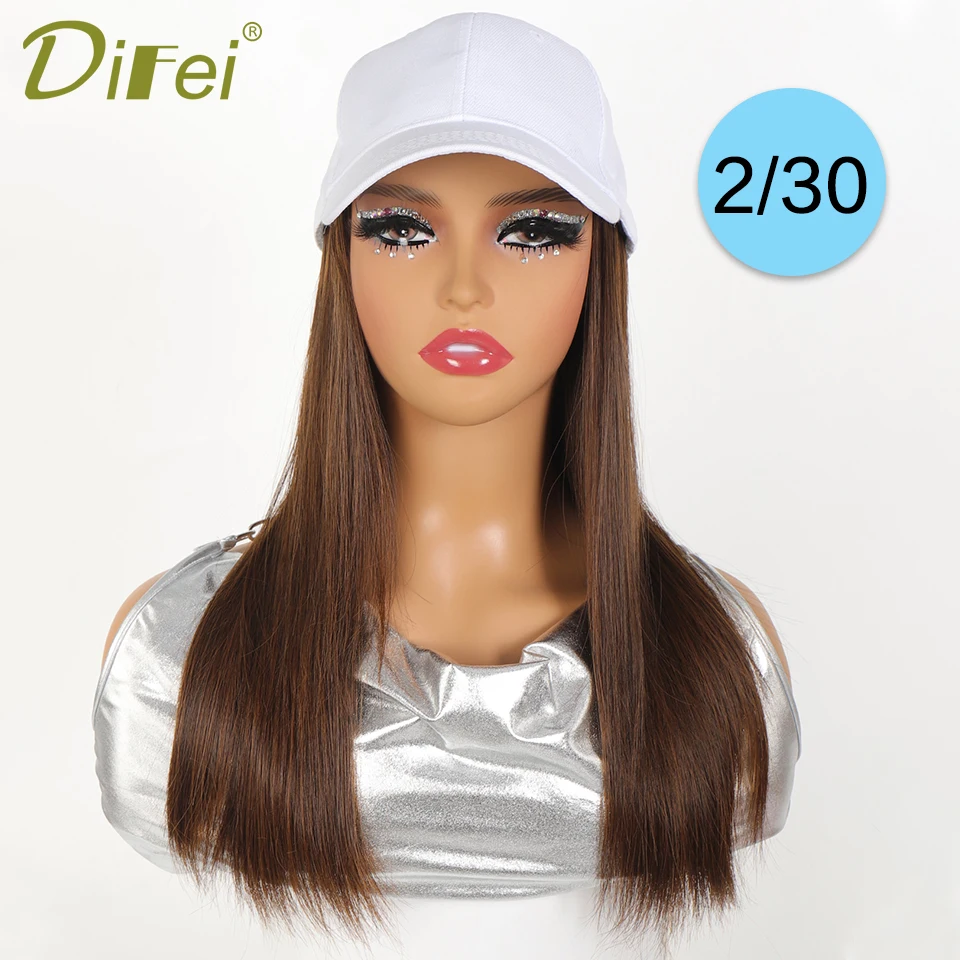 DIFEI Long Straight Synthetic Wig Baseball Cap with Hair extensions One-piece Hat Wigs Cap Connect Wig Adjustable Black Brown