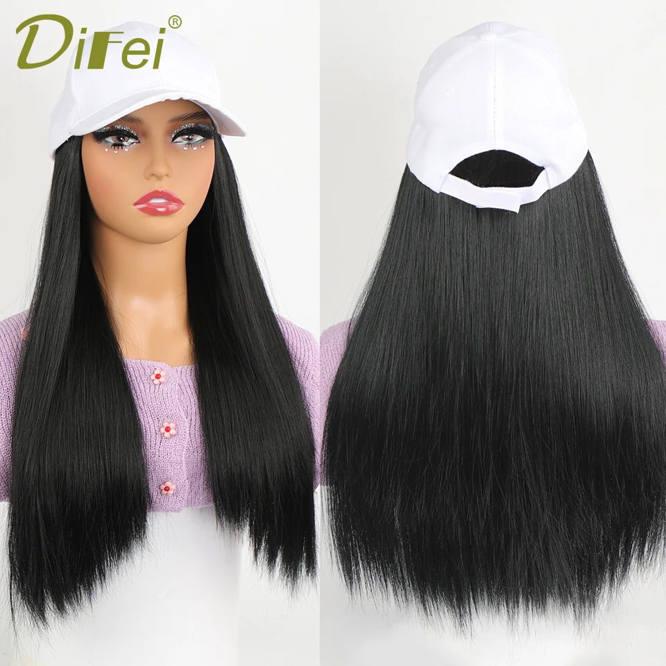 DIFEI Long Straight Synthetic Wig Baseball Cap with Hair extensions One-piece Hat Wigs Cap Connect Wig Adjustable Black Brown