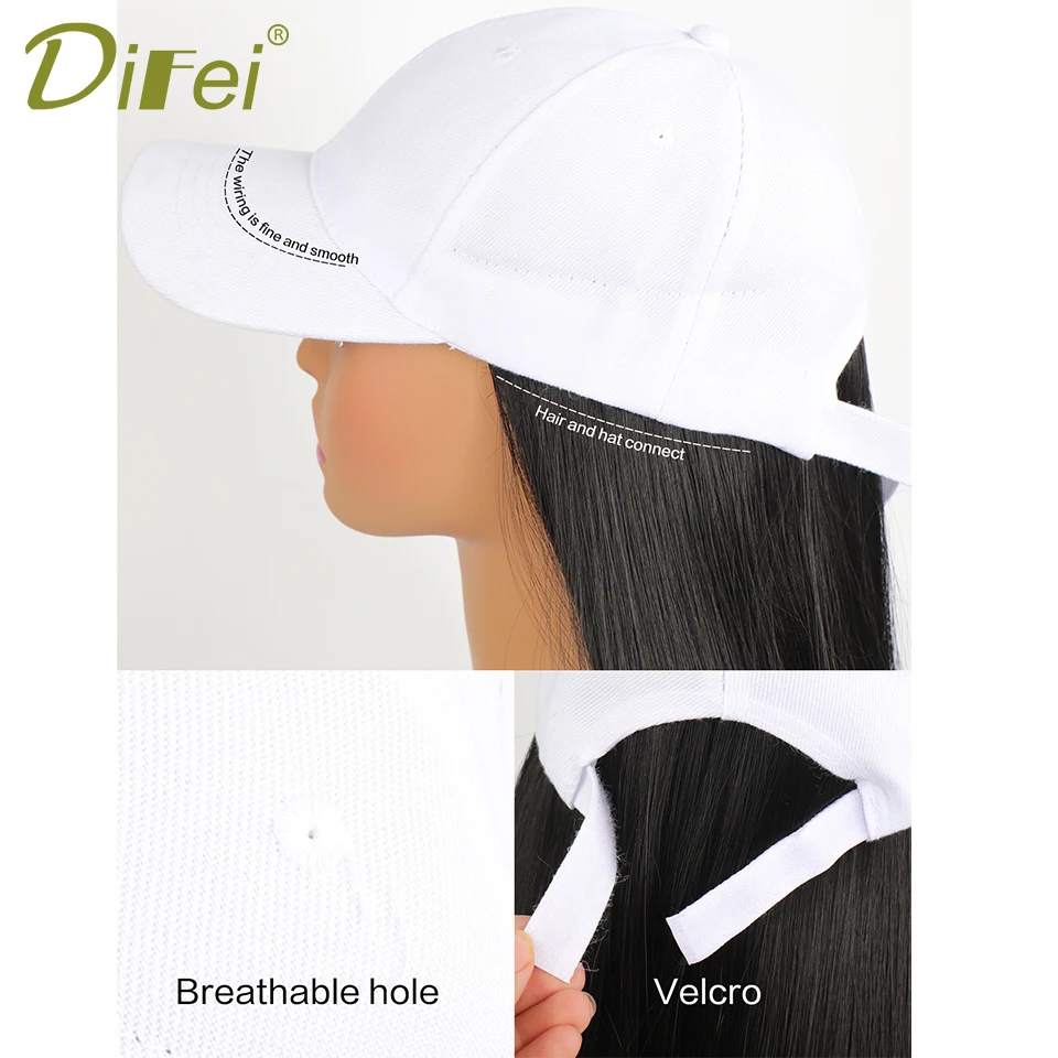 DIFEI Long Straight Synthetic Wig Baseball Cap with Hair extensions One-piece Hat Wigs Cap Connect Wig Adjustable Black Brown