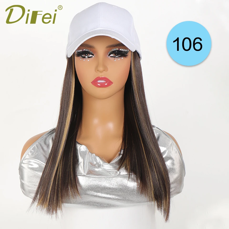 DIFEI Long Straight Synthetic Wig Baseball Cap with Hair extensions One-piece Hat Wigs Cap Connect Wig Adjustable Black Brown