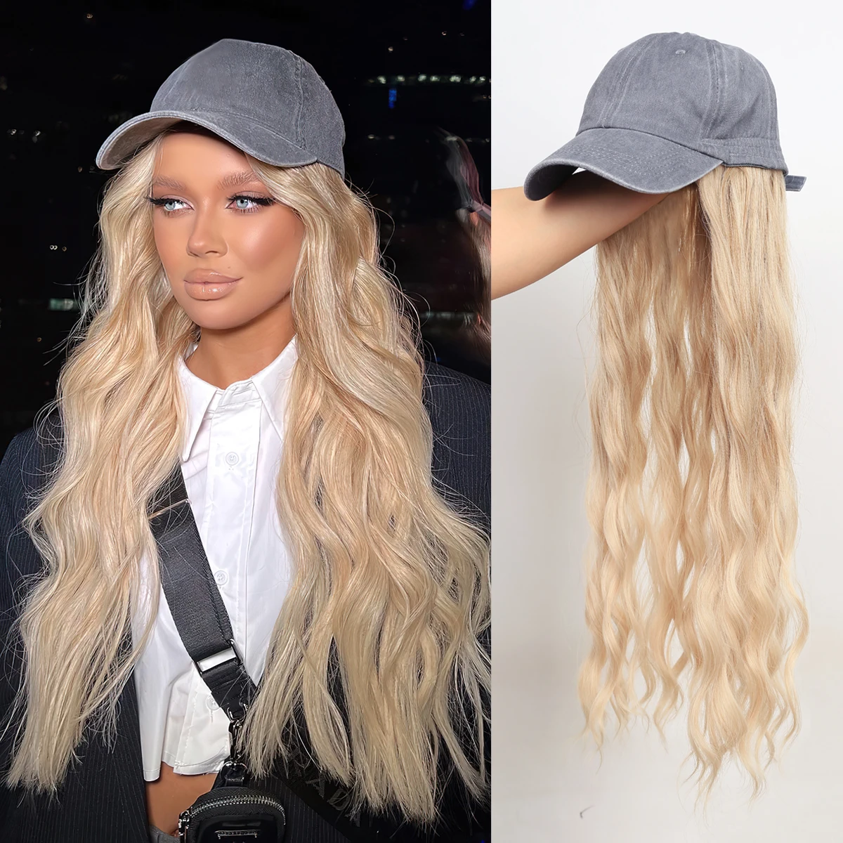 Long Wavy Synthetic Baseball Cap Hair Wig for Girl Hair Wig Naturally Connect Hat Wigs Adjustable