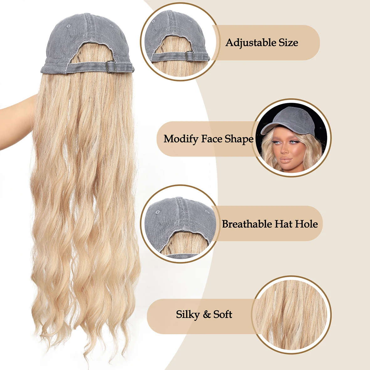 Long Wavy Synthetic Baseball Cap Hair Wig for Girl Hair Wig Naturally Connect Hat Wigs Adjustable