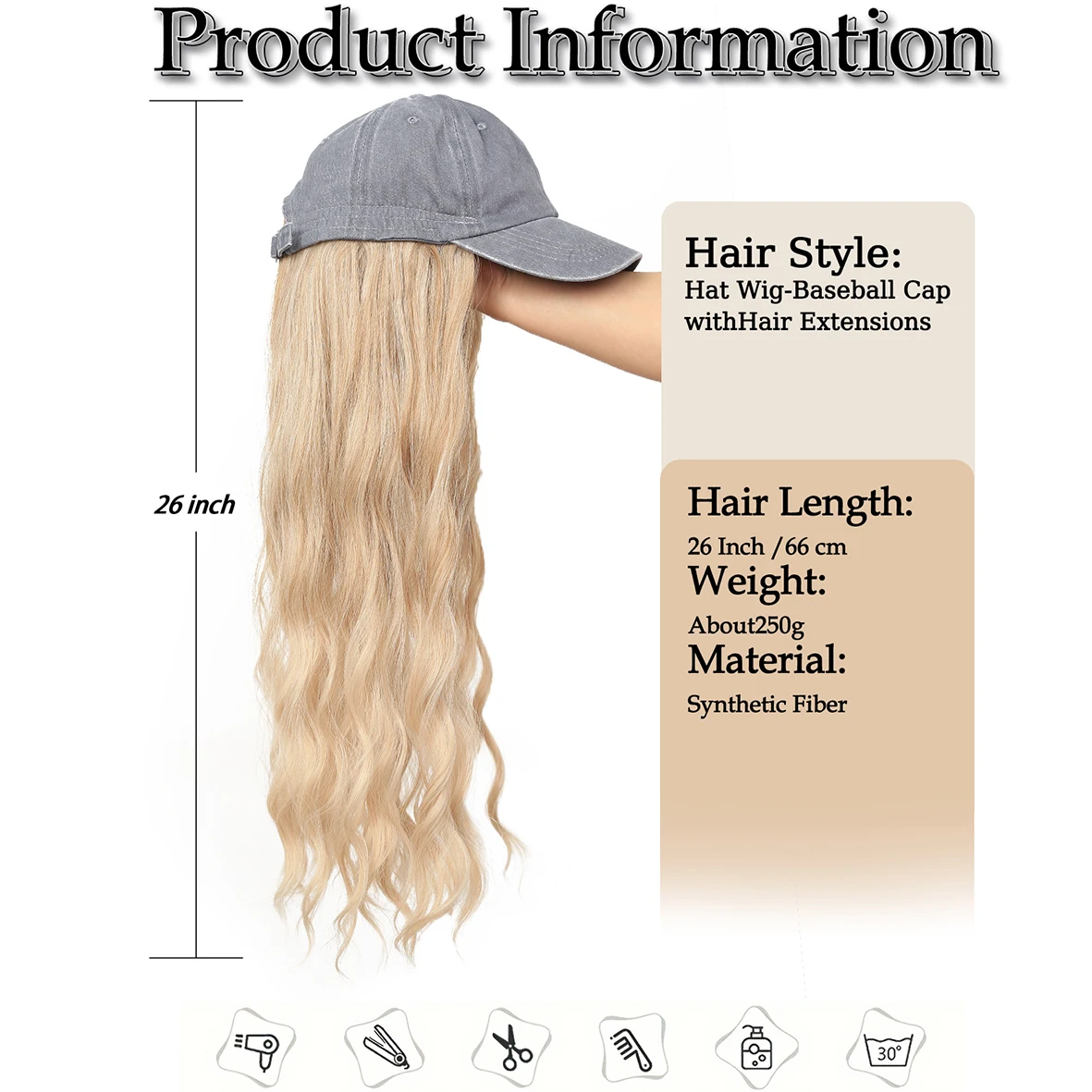 Long Wavy Synthetic Baseball Cap Hair Wig for Girl Hair Wig Naturally Connect Hat Wigs Adjustable