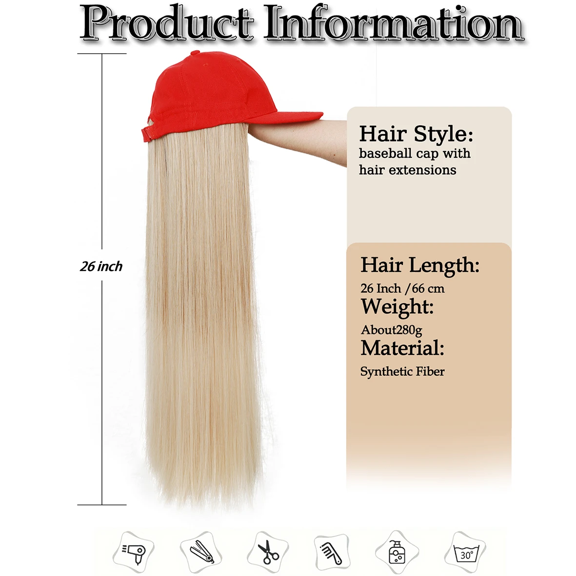 Hat Wig, Baseball Hats Wigs For Women, Synthetic Long Straight Hair With Hat Cap Attached, Hat And Wig, Natural Look