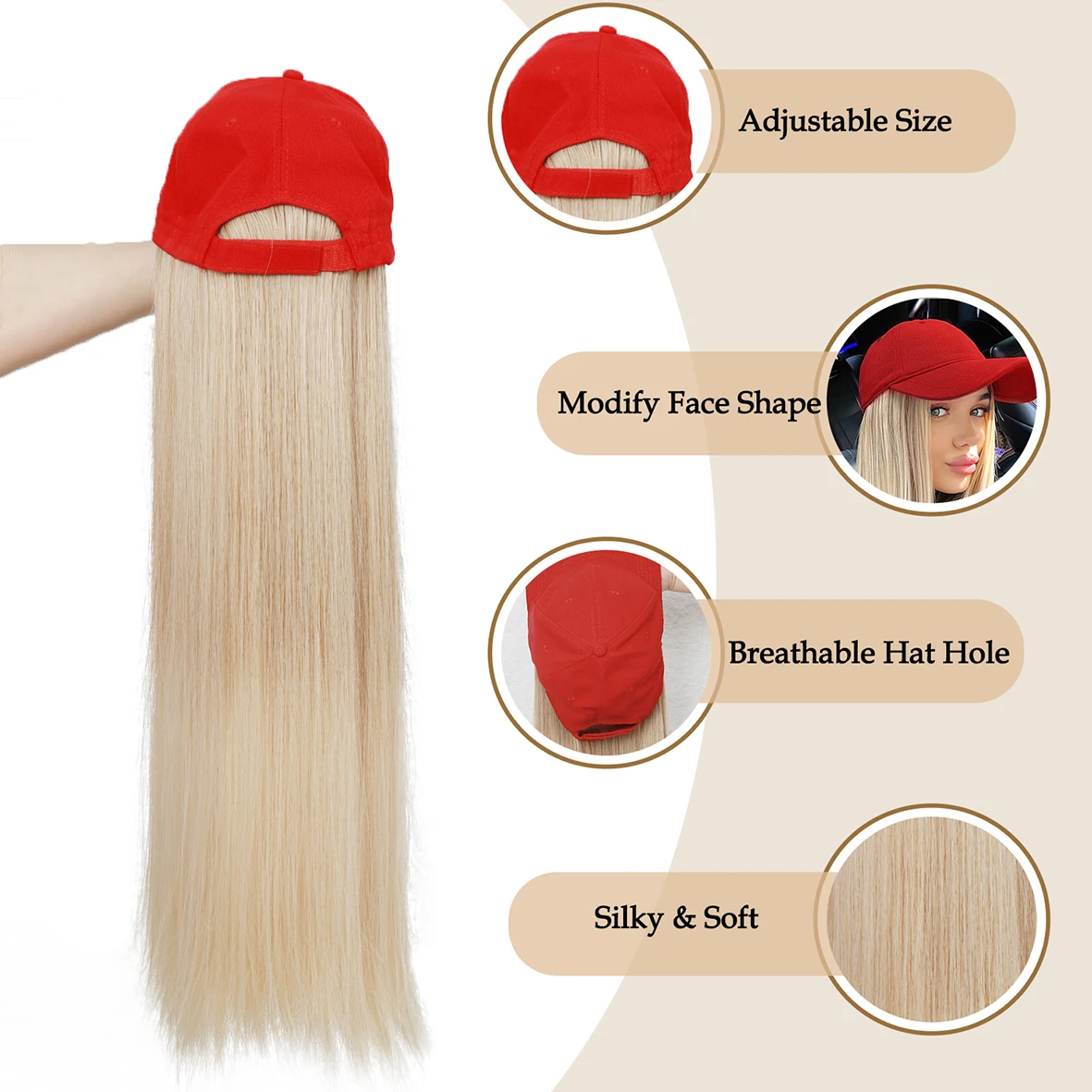 Hat Wig, Baseball Hats Wigs For Women, Synthetic Long Straight Hair With Hat Cap Attached, Hat And Wig, Natural Look