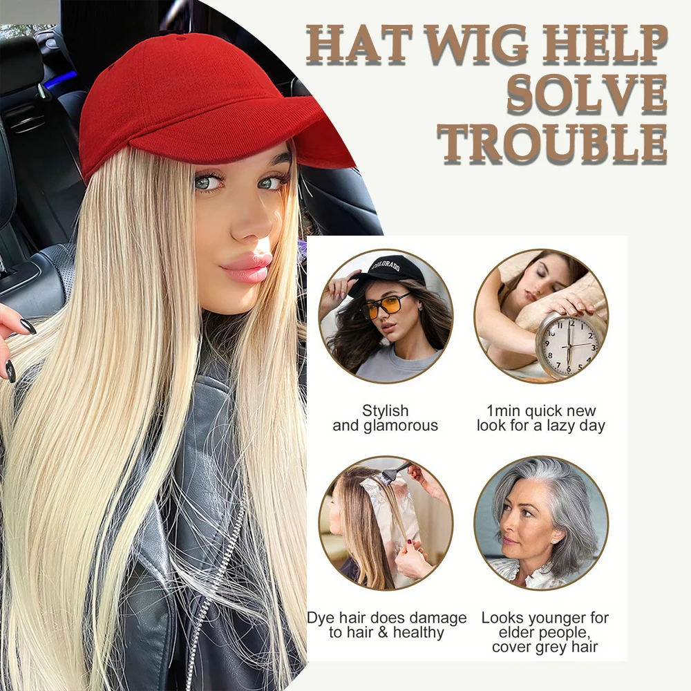 Hat Wig, Baseball Hats Wigs For Women, Synthetic Long Straight Hair With Hat Cap Attached, Hat And Wig, Natural Look