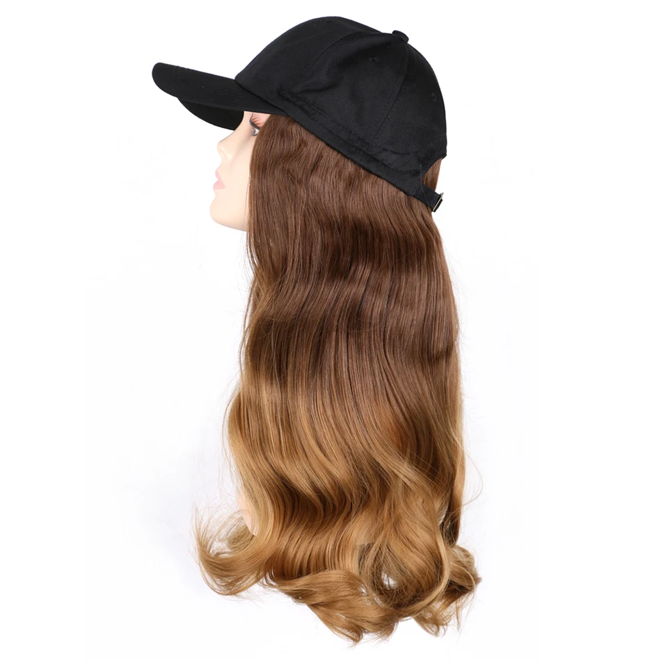 TMT Hat Wig for Women Synthetic Hair 22 Inch Long Body Wave Baseball Hat with Hair Straight Ombre Brown Blond Grey Cap Wig