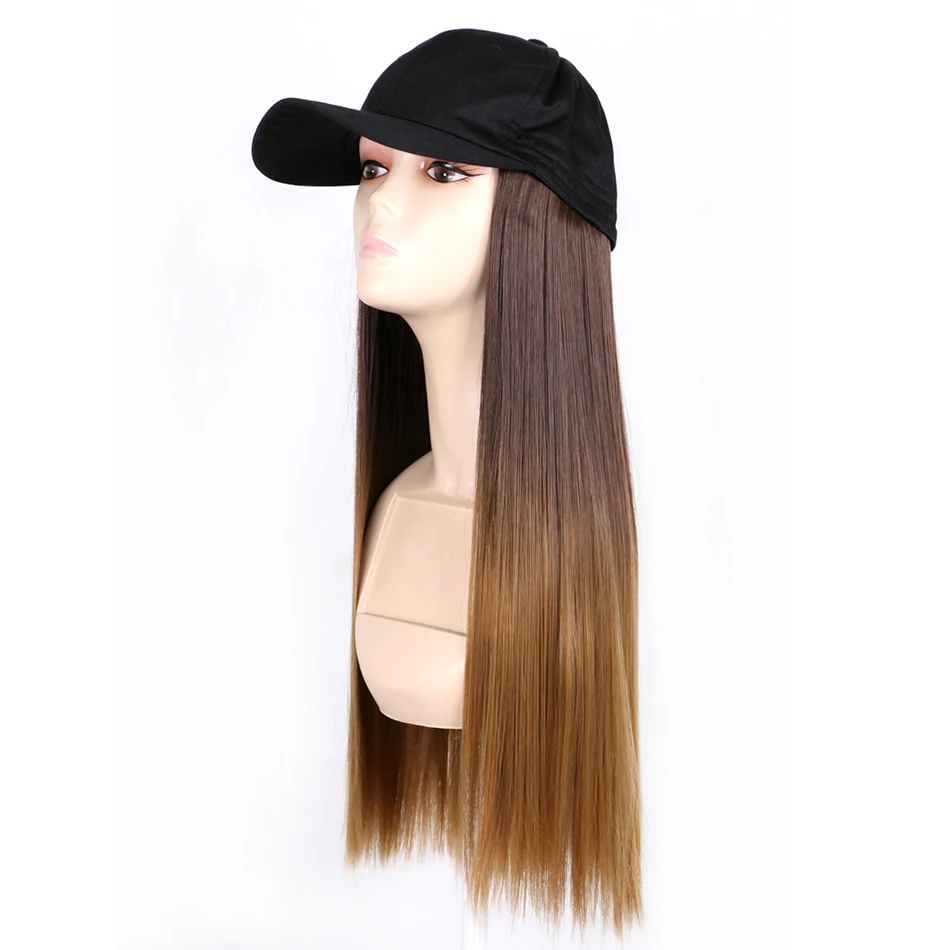 TMT Hat Wig for Women Synthetic Hair 22 Inch Long Body Wave Baseball Hat with Hair Straight Ombre Brown Blond Grey Cap Wig