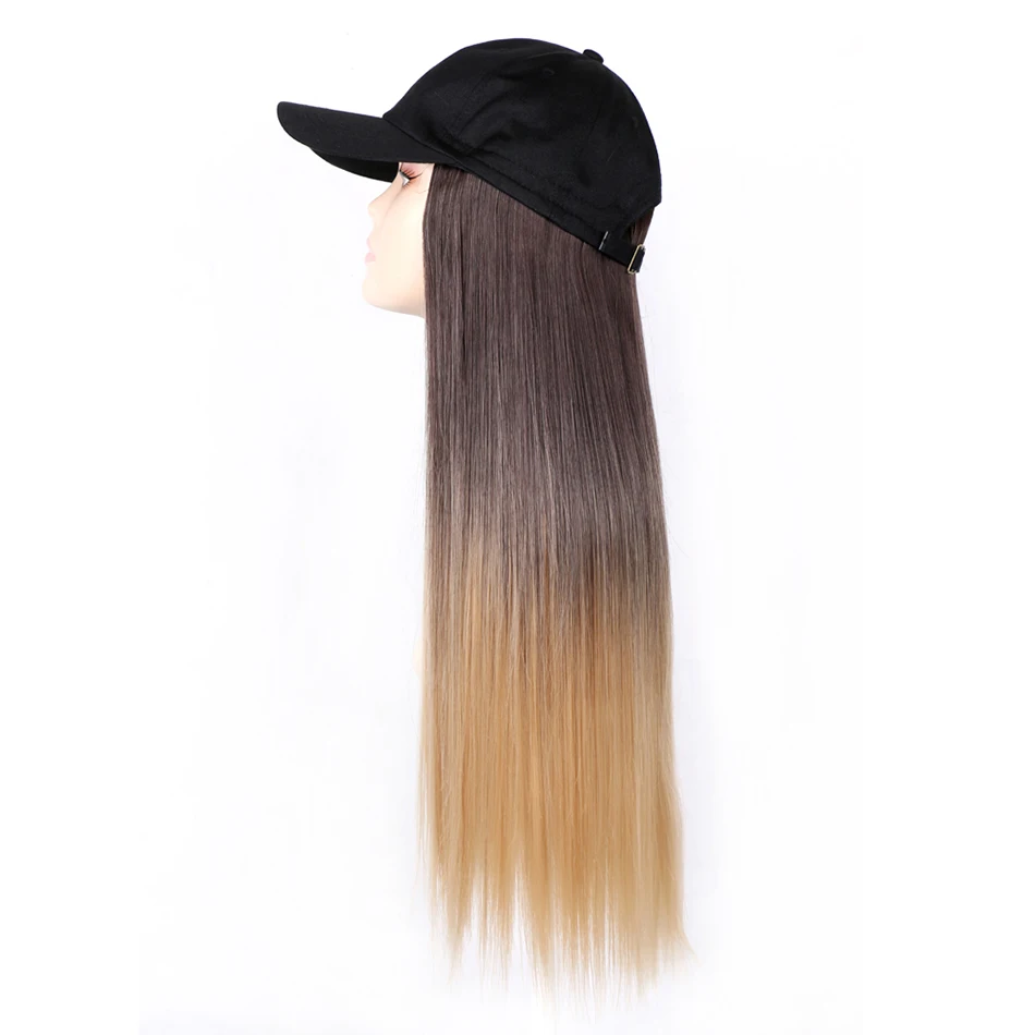 TMT Hat Wig for Women Synthetic Hair 22 Inch Long Body Wave Baseball Hat with Hair Straight Ombre Brown Blond Grey Cap Wig