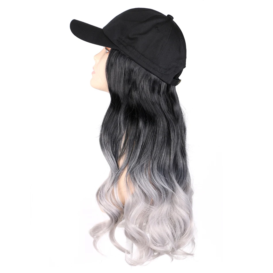 TMT Hat Wig for Women Synthetic Hair 22 Inch Long Body Wave Baseball Hat with Hair Straight Ombre Brown Blond Grey Cap Wig