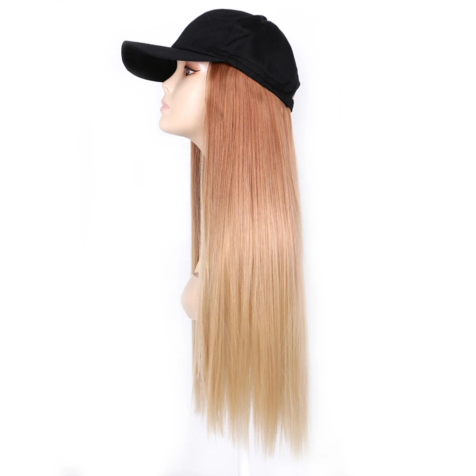 TMT Hat Wig for Women Synthetic Hair 22 Inch Long Body Wave Baseball Hat with Hair Straight Ombre Brown Blond Grey Cap Wig