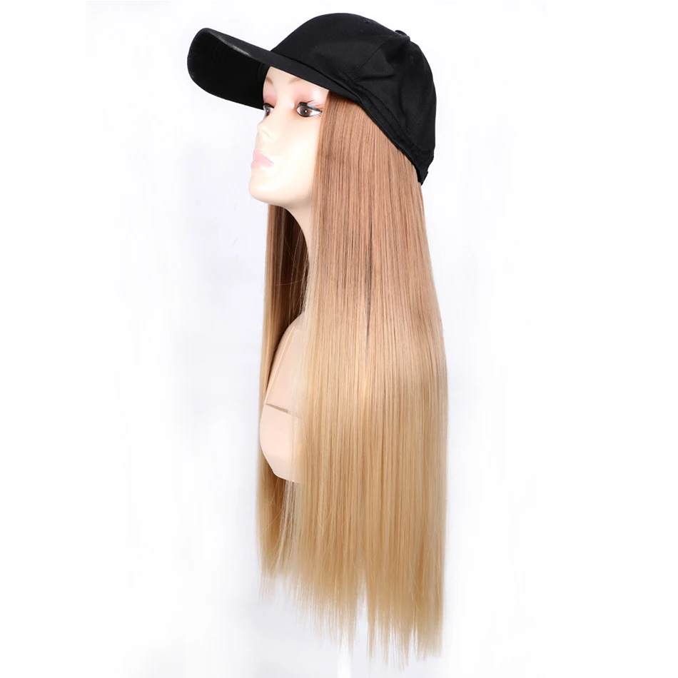 TMT Hat Wig for Women Synthetic Hair 22 Inch Long Body Wave Baseball Hat with Hair Straight Ombre Brown Blond Grey Cap Wig