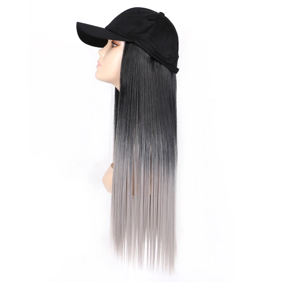 TMT Hat Wig for Women Synthetic Hair 22 Inch Long Body Wave Baseball Hat with Hair Straight Ombre Brown Blond Grey Cap Wig