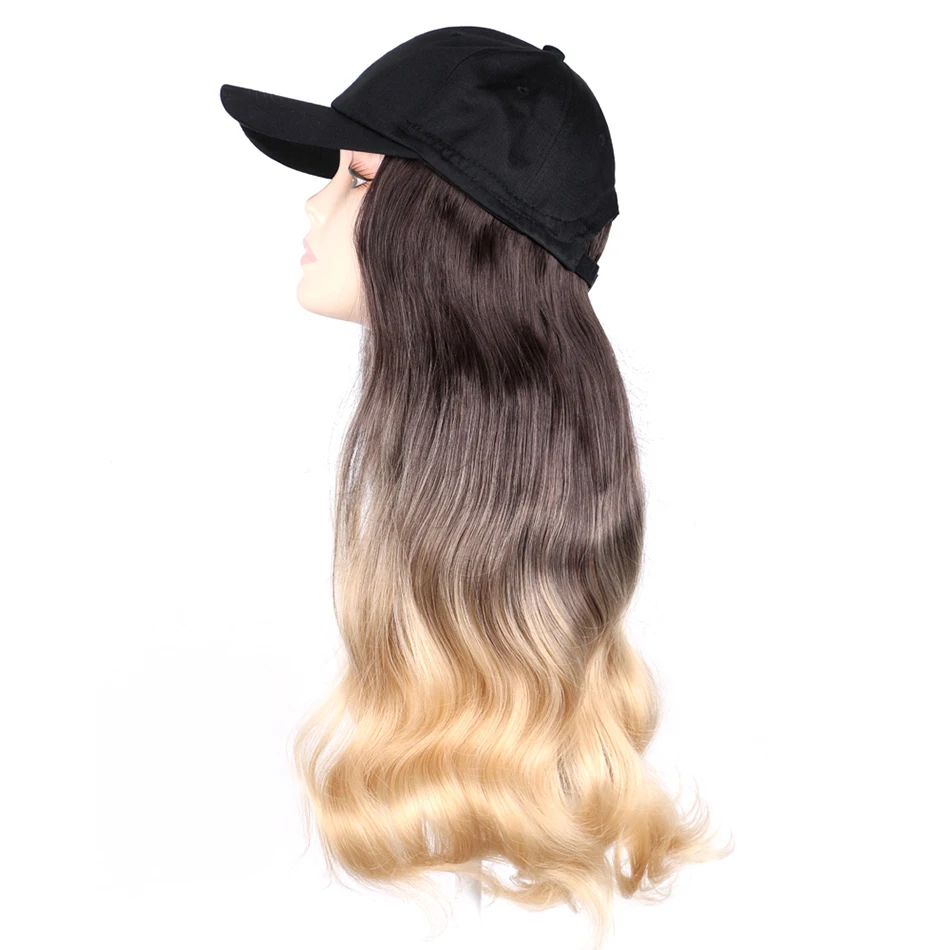 TMT Hat Wig for Women Synthetic Hair 22 Inch Long Body Wave Baseball Hat with Hair Straight Ombre Brown Blond Grey Cap Wig