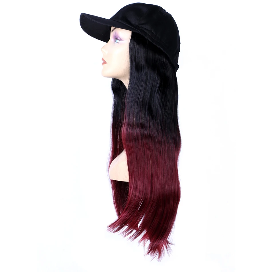 TMT Hat Wig for Women Synthetic Hair 22 Inch Long Body Wave Baseball Hat with Hair Straight Ombre Brown Blond Grey Cap Wig