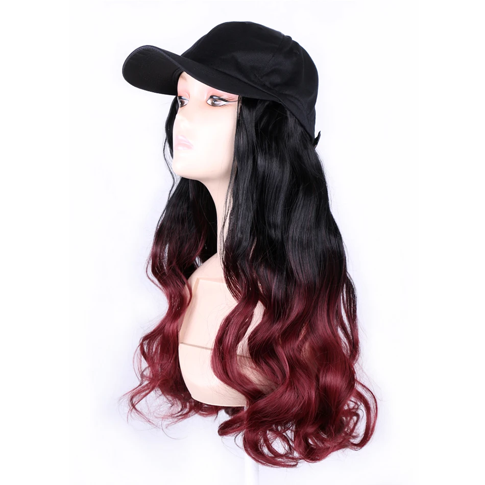 TMT Hat Wig for Women Synthetic Hair 22 Inch Long Body Wave Baseball Hat with Hair Straight Ombre Brown Blond Grey Cap Wig