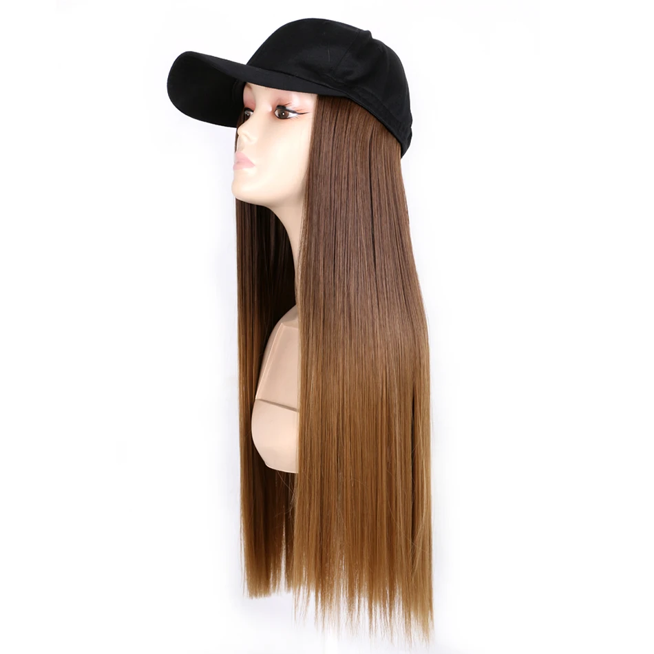 TMT Hat Wig for Women Synthetic Hair 22 Inch Long Body Wave Baseball Hat with Hair Straight Ombre Brown Blond Grey Cap Wig