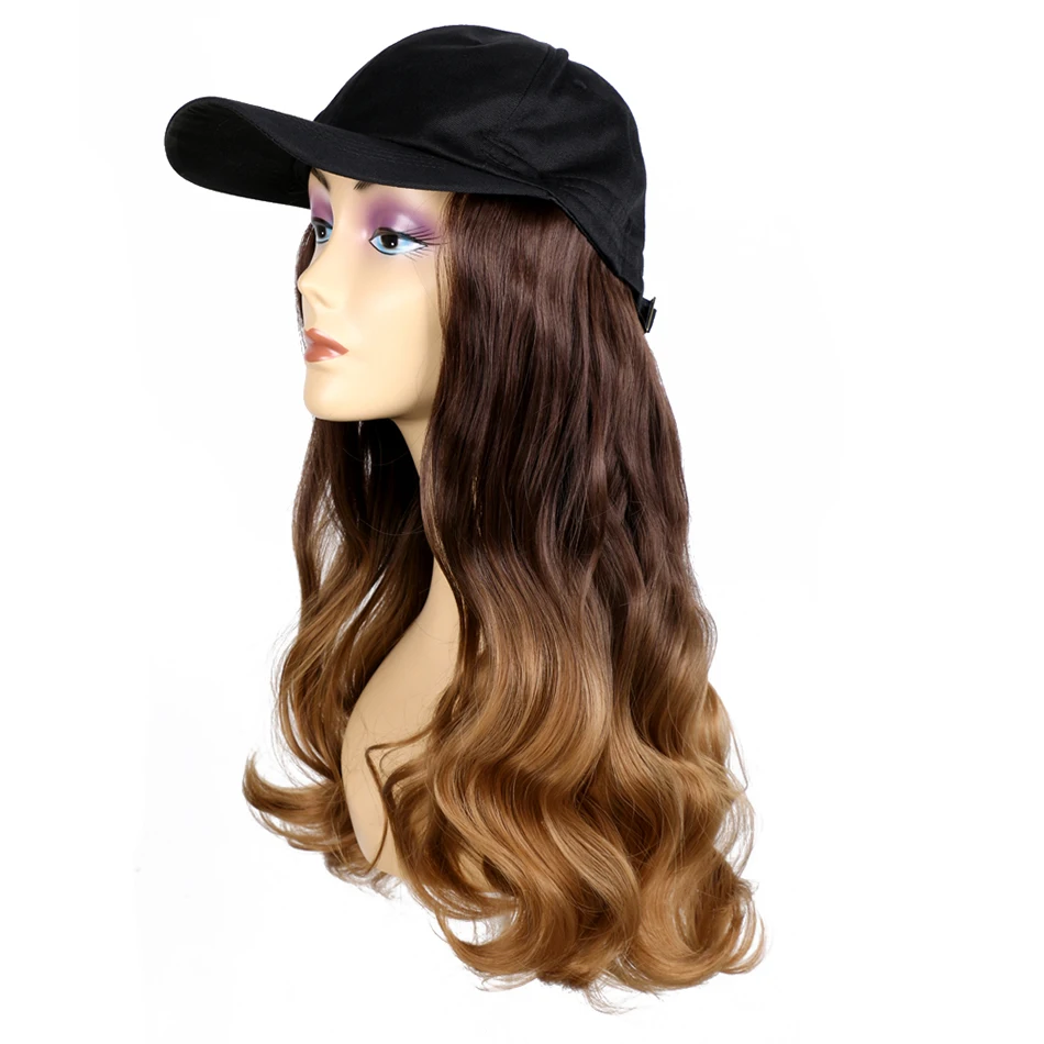 TMT Hat Wig for Women Synthetic Hair 22 Inch Long Body Wave Baseball Hat with Hair Straight Ombre Brown Blond Grey Cap Wig