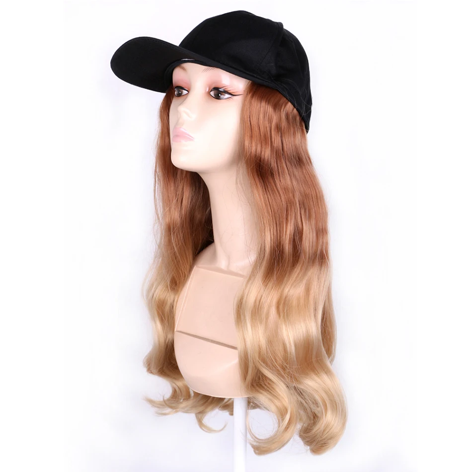 TMT Hat Wig for Women Synthetic Hair 22 Inch Long Body Wave Baseball Hat with Hair Straight Ombre Brown Blond Grey Cap Wig