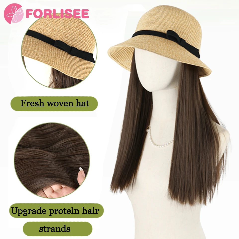 FORLISEE Hat Wig Integrated Female Long Hair 2024 New Summer Thin Sunshade Braided Fisherman Hat Wig