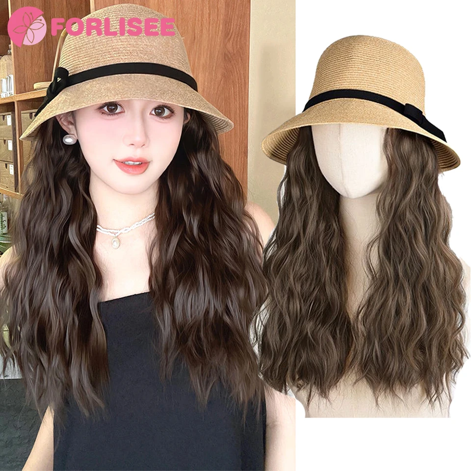 FORLISEE Hat Wig Integrated Female Long Hair 2024 New Summer Thin Sunshade Braided Fisherman Hat Wig