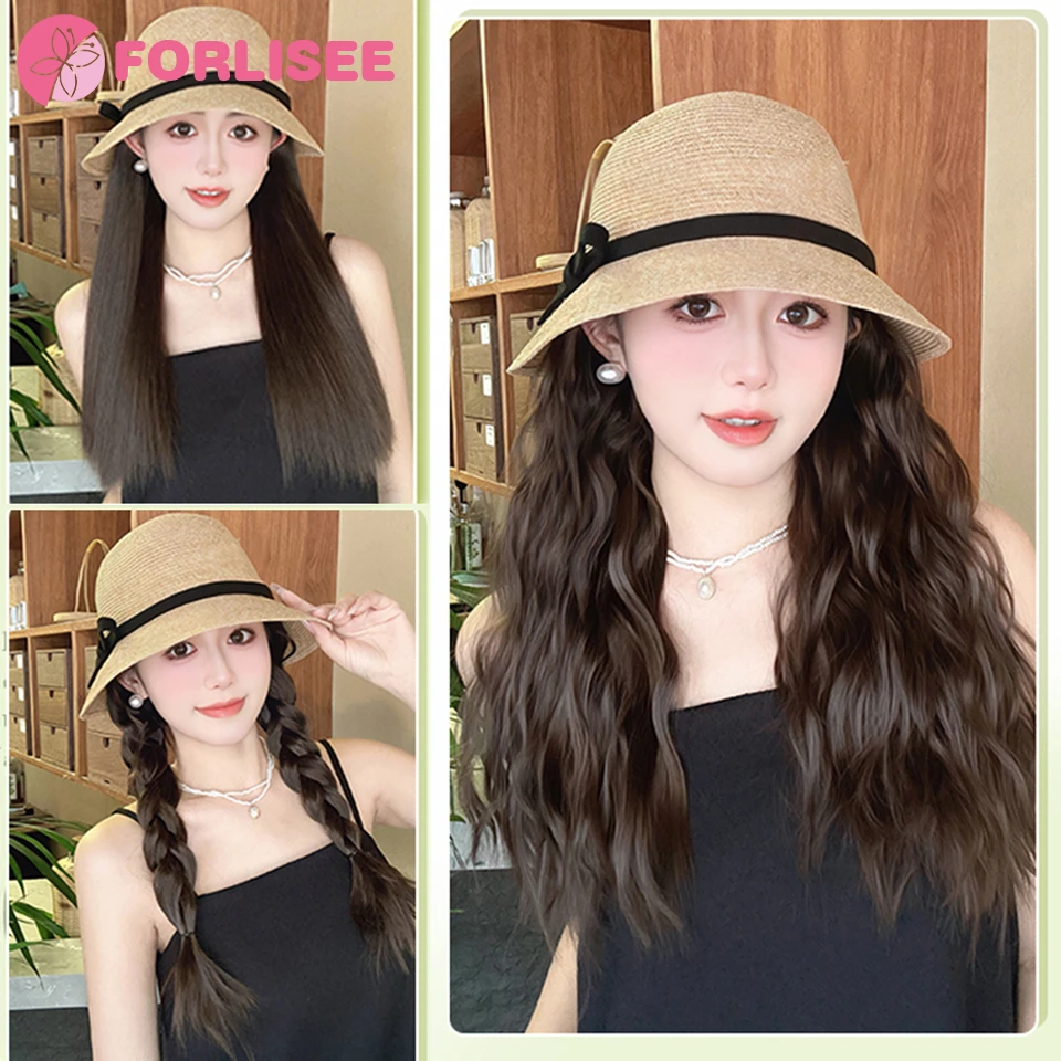 FORLISEE Hat Wig Integrated Female Long Hair 2024 New Summer Thin Sunshade Braided Fisherman Hat Wig