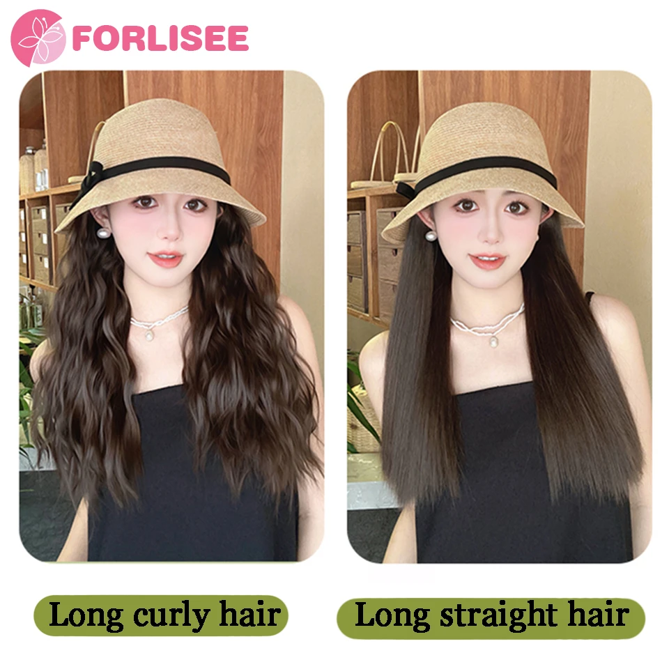 FORLISEE Hat Wig Integrated Female Long Hair 2024 New Summer Thin Sunshade Braided Fisherman Hat Wig