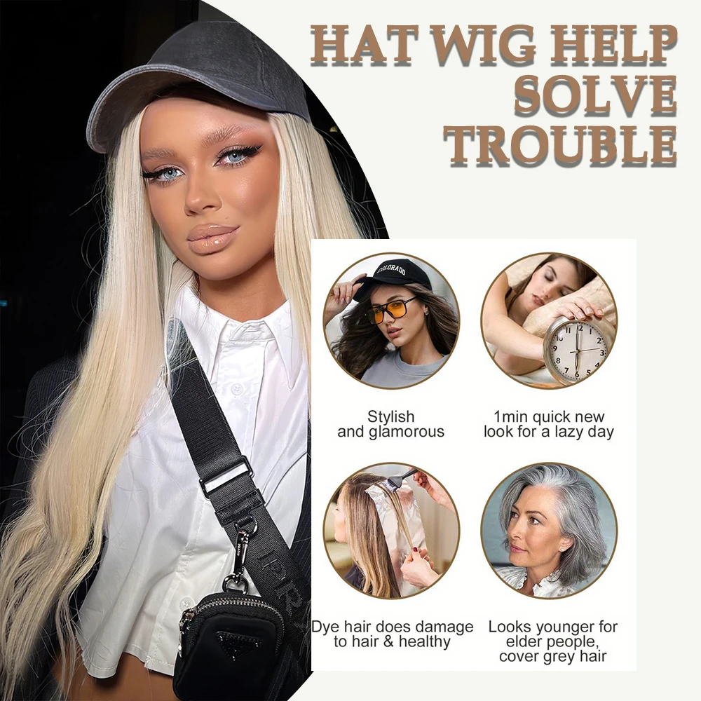 Hat Wigs 26 Inch Long Straight Hair Wigs With Baseball CapAttached For Women Adjustable Baseball Cap With Synthetic Hair Extensi