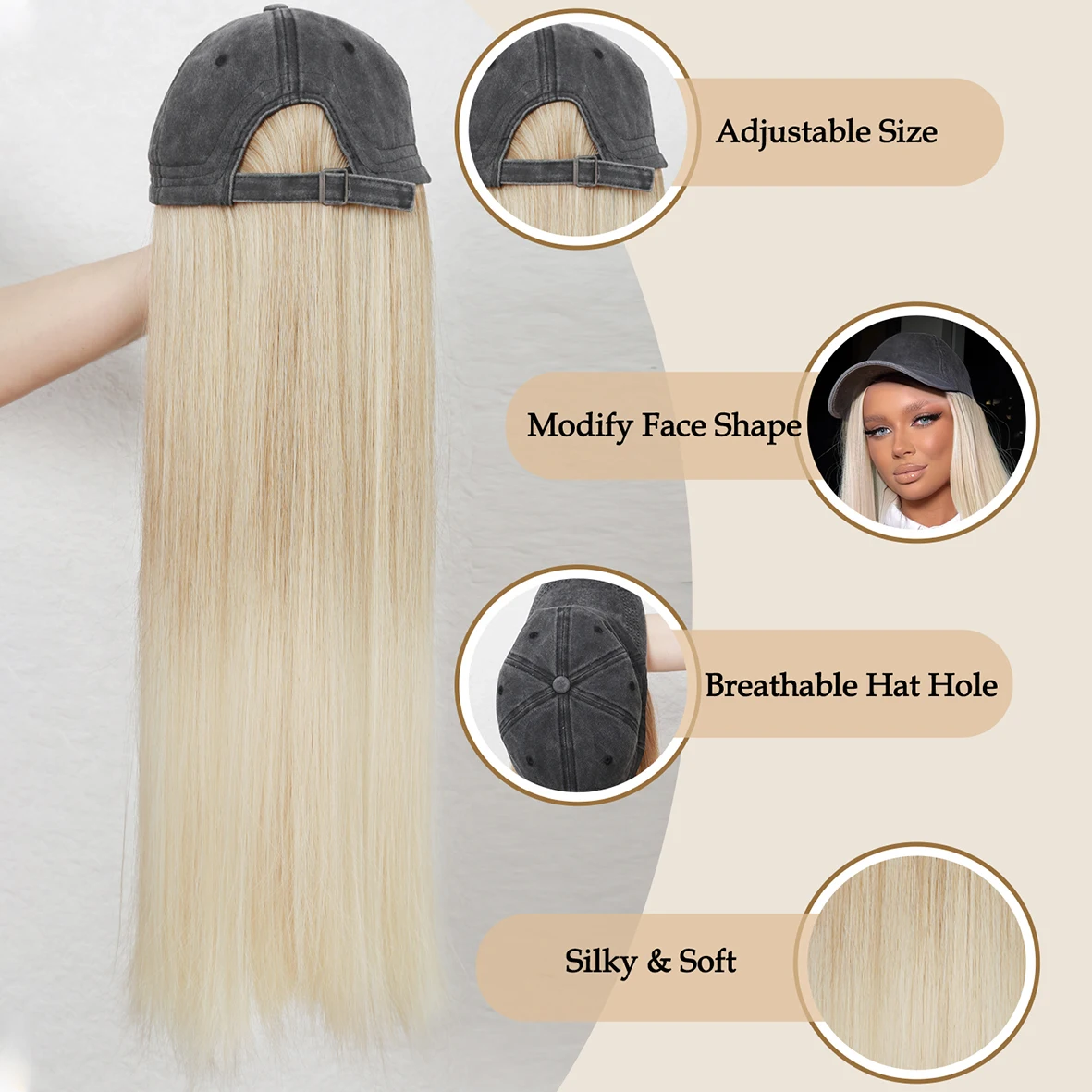 Hat Wigs 26 Inch Long Straight Hair Wigs With Baseball CapAttached For Women Adjustable Baseball Cap With Synthetic Hair Extensi