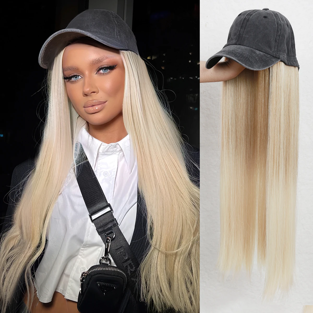 Hat Wigs 26 Inch Long Straight Hair Wigs With Baseball CapAttached For Women Adjustable Baseball Cap With Synthetic Hair Extensi