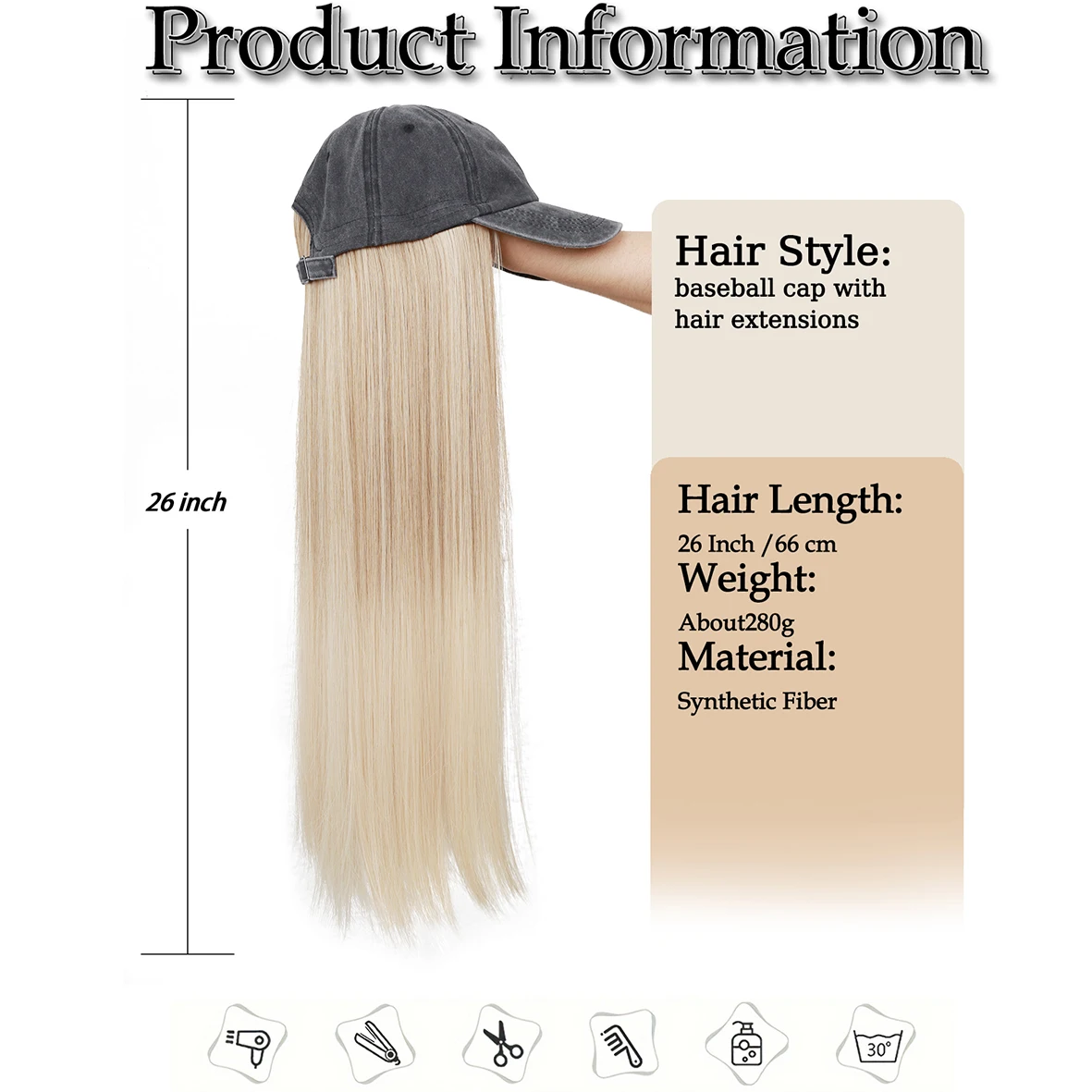 Hat Wigs 26 Inch Long Straight Hair Wigs With Baseball CapAttached For Women Adjustable Baseball Cap With Synthetic Hair Extensi