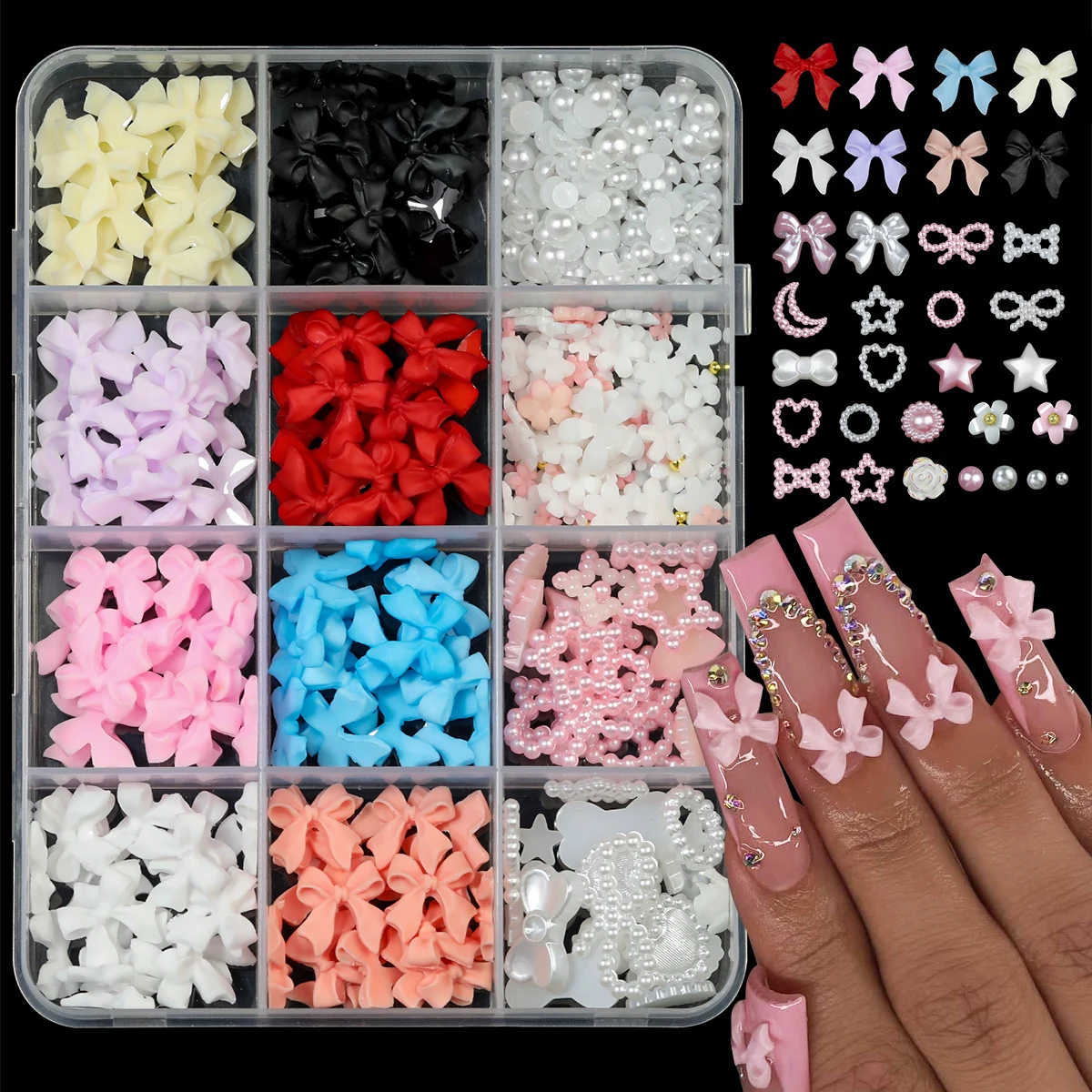 12Grids/box Mixed Resin Bowknot Nail Art Decorations 3D Acrylic Charms Kawaii Colorful Bow Rhinestone DIY Manicure Tools Parts