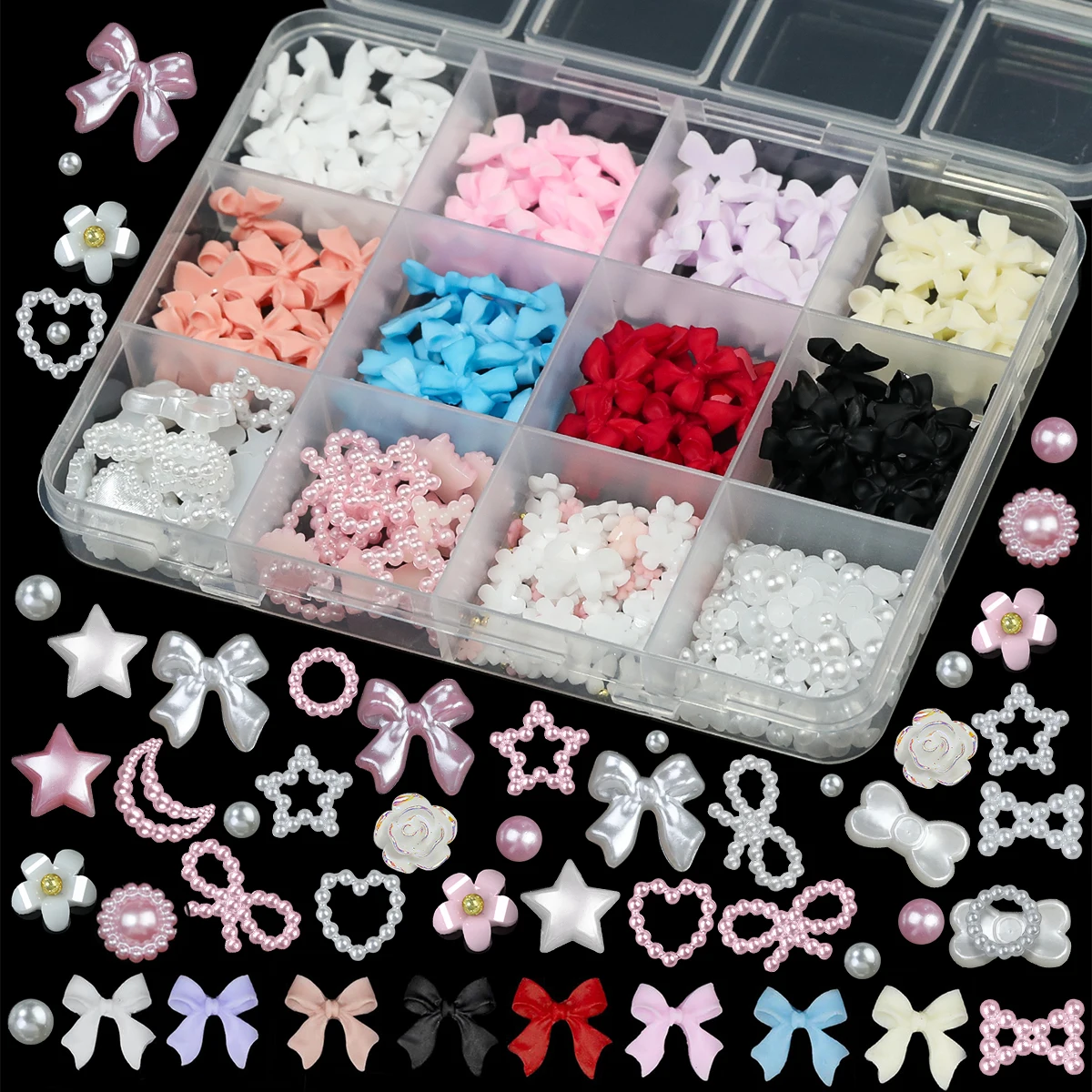 12Grids/box Mixed Resin Bowknot Nail Art Decorations 3D Acrylic Charms Kawaii Colorful Bow Rhinestone DIY Manicure Tools Parts