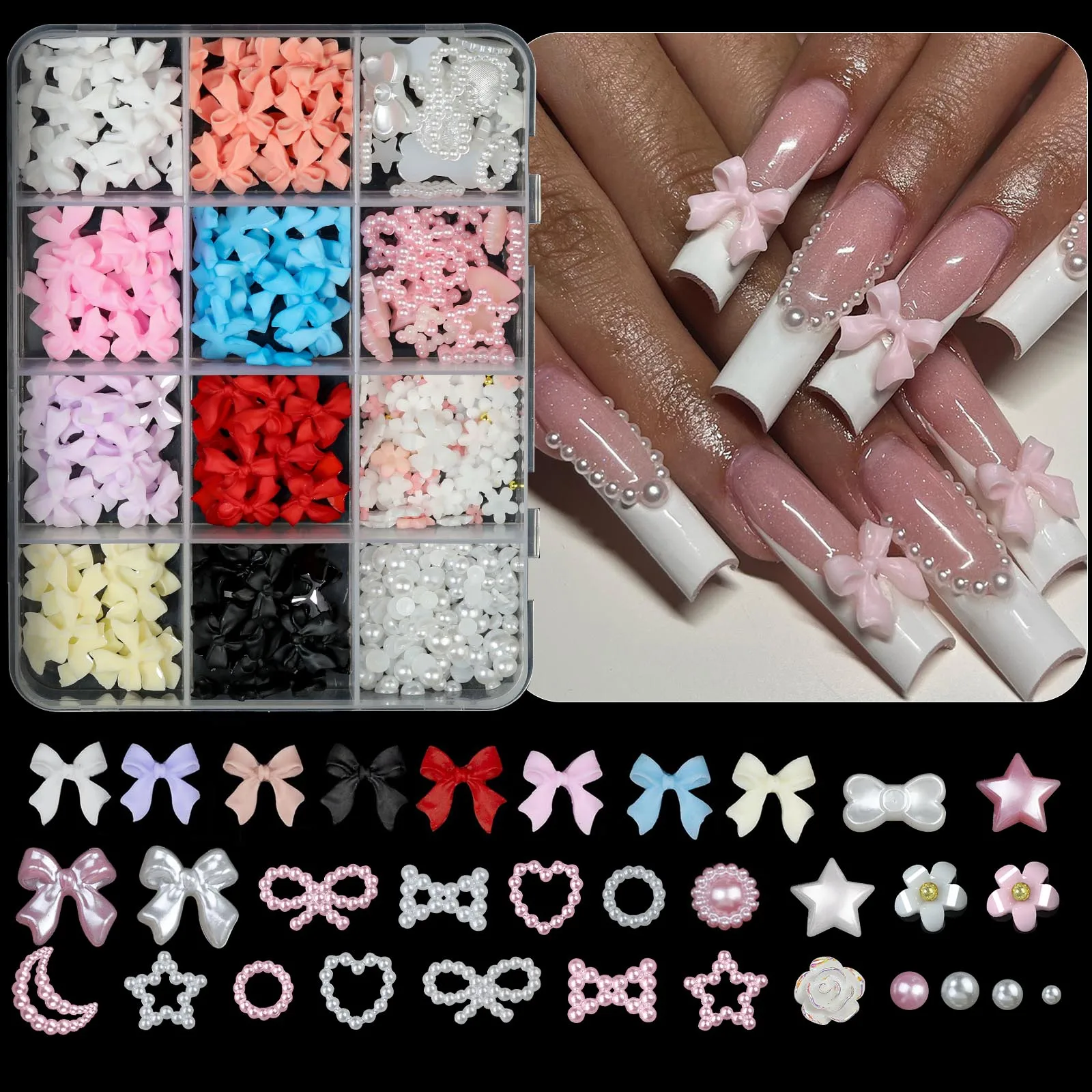 12Grids/box Mixed Resin Bowknot Nail Art Decorations 3D Acrylic Charms Kawaii Colorful Bow Rhinestone DIY Manicure Tools Parts