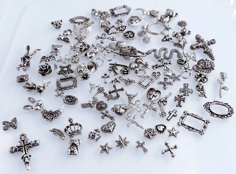 50pcs/Pack Japan Korea Metal Nail Art Parts Charms Vintage Mixed Design Cross Heart Flower Chain Loop 3D DIY Alloy Accessories