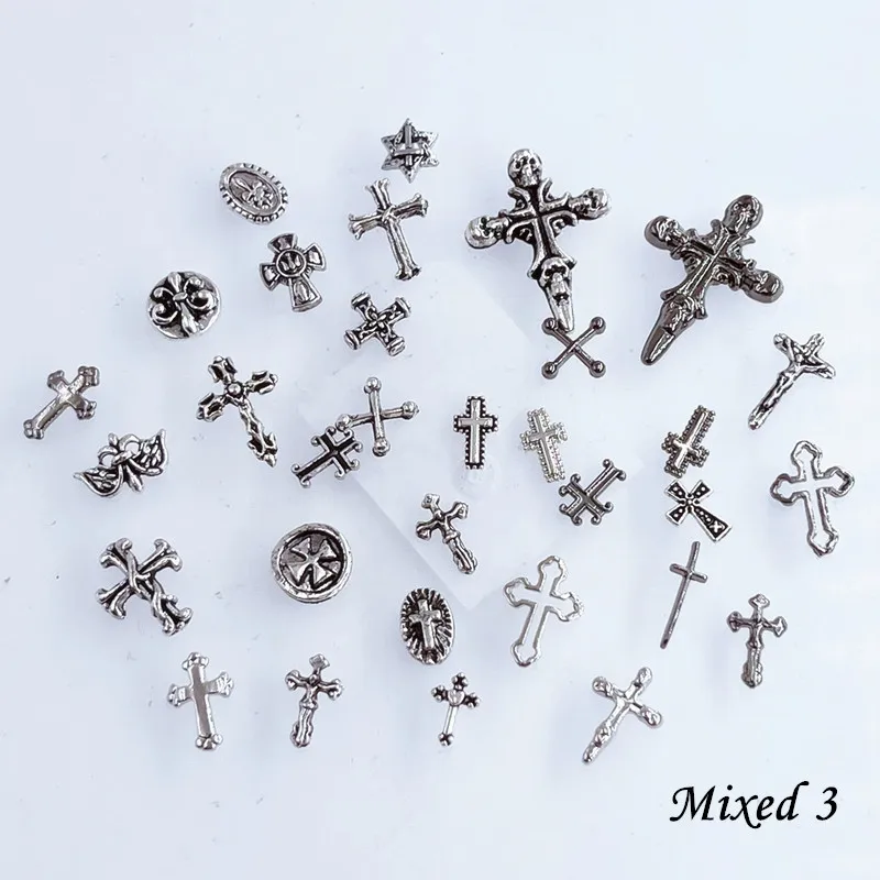 50pcs/Pack Japan Korea Metal Nail Art Parts Charms Vintage Mixed Design Cross Heart Flower Chain Loop 3D DIY Alloy Accessories