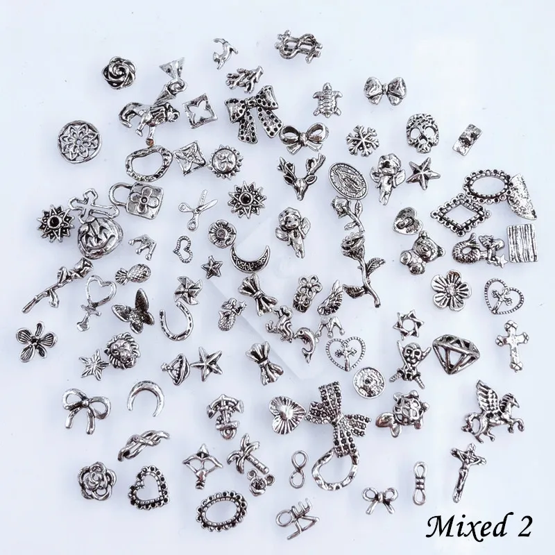 50pcs/Pack Japan Korea Metal Nail Art Parts Charms Vintage Mixed Design Cross Heart Flower Chain Loop 3D DIY Alloy Accessories