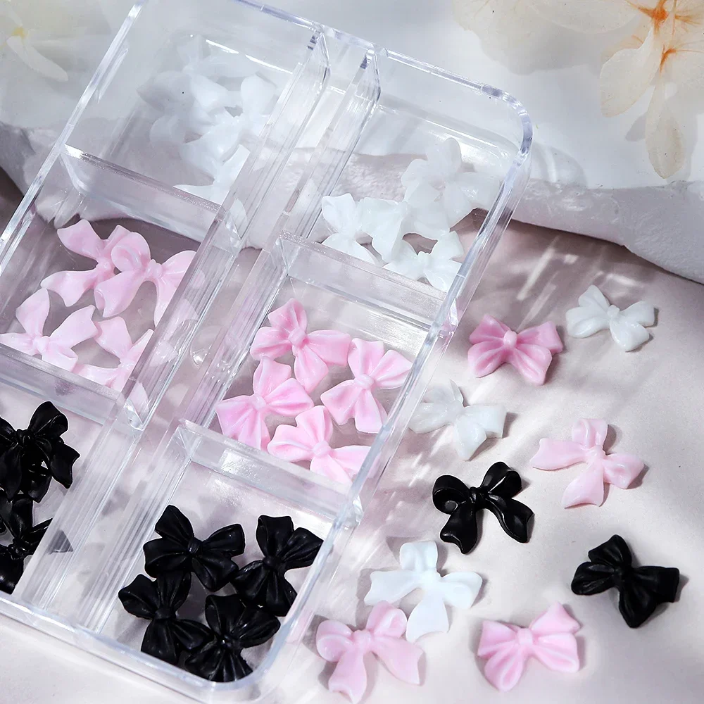 6 Grids Pink White Ribbon Bow Nail Charms Korean Parts Black Nail Art Tie Decoration Kawaii Accessories Manicure Design Supplies